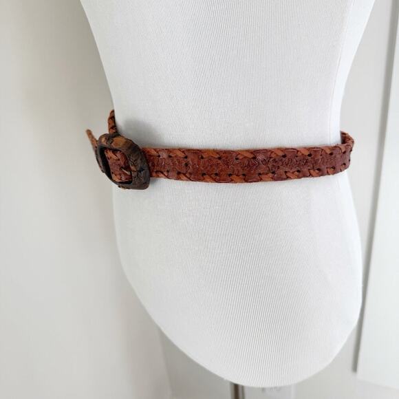 Vintage Hand Made Tooled Brown Western Leather Belt Mexico Wood Buckle 26-30 Sm - Picture 4 of 12